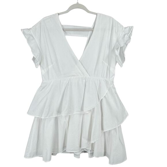 Anthropologie Mini Dress Womens SM White Tiered Flowy Ruffle V Neck Summer Sun - Picture 1 of 11